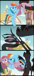 Size: 1476x3230 | Tagged: safe, artist:culu-bluebeaver, derpibooru import, pinkie pie, rainbow dash, oc, oc:plague, earth pony, pegasus, pony, comic:the six-winged serpent, comic, female, mare, pinkamena diane pie, ponyville, red and black oc