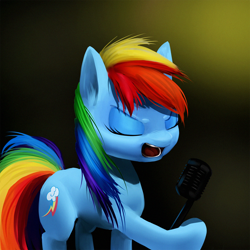 Size: 1150x1150 | Tagged: safe, artist:glukoloff, derpibooru import, rainbow dash, pegasus, pony, microphone, singing, solo