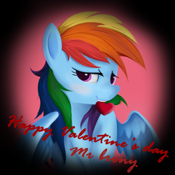 Size: 1417x1417 | Tagged: safe, artist:bqlongsn, rainbow dash, pegasus, pony, blushing, bronybait, bust, cute, dashabetes, female, heart, holiday, mare, mouth hold, solo, spread wings, valentine, valentine's day, wings