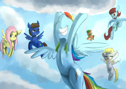 Size: 1200x850 | Tagged: safe, artist:terrac0tta, derpibooru import, derpy hooves, fluttershy, rainbow dash, oc, pegasus, pony, armpits, cloud, female, flying, mare