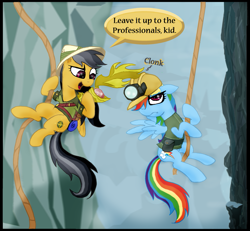 Size: 897x828 | Tagged: safe, artist:supersheep64, derpibooru import, daring do, rainbow dash, pegasus, pony, the lost treasure of griffonstone, abysmal abyss, cliff, climbing, dialogue, good end, griffonstone, idol of boreas, rope, treasure