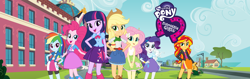 Size: 1920x609 | Tagged: safe, derpibooru import, applejack, fluttershy, pinkie pie, rainbow dash, rarity, sunset shimmer, twilight sparkle, equestria girls, canterlot high, humane seven, humane six, looking at you, mane six