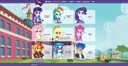 Size: 1883x971 | Tagged: safe, derpibooru import, applejack, dj pon-3, flash sentry, fluttershy, pinkie pie, rainbow dash, rarity, sunset shimmer, twilight sparkle, vinyl scratch, equestria girls, canterlot high, mane six