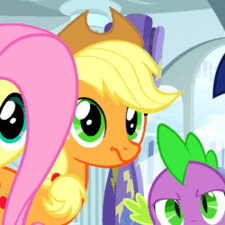 Size: 505x505 | Tagged: safe, derpibooru import, screencap, applejack, fluttershy, rainbow dash, spike, twilight sparkle, twilight sparkle (alicorn), alicorn, dragon, earth pony, pegasus, pony, newbie dash, animated, blinking, frown, glare, looking at you, wide eyes