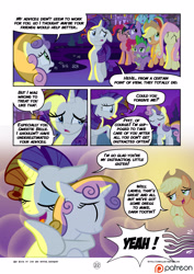 Size: 2894x4093 | Tagged: safe, artist:mister-saugrenu, derpibooru import, applejack, fluttershy, pinkie pie, rainbow dash, rarity, spike, sweetie belle, twilight sparkle, twilight sparkle (alicorn), alicorn, dragon, earth pony, pegasus, pony, unicorn, comic:art block, comic, hug, mane seven, mane six, patreon, patreon logo