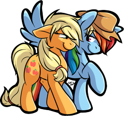 Size: 731x685 | Tagged: safe, artist:fizzy-dog, derpibooru import, applejack, rainbow dash, earth pony, pegasus, pony, accessory swap, bedroom eyes