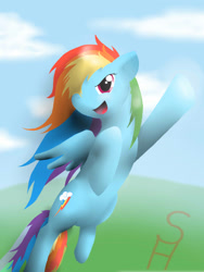 Size: 1500x2000 | Tagged: safe, artist:daskillerfussel, derpibooru import, rainbow dash, pegasus, pony, cloud, flying, open mouth, solo