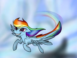 Size: 960x720 | Tagged: safe, artist:rainbow-pon3, rainbow dash, pegasus, pony, cloud, female, flying, mare, rainbow trail, sky, smiling, solo