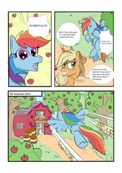 Size: 905x1280 | Tagged: safe, artist:kyokimute, derpibooru import, applejack, rainbow dash, earth pony, pegasus, pony, comic:cider showers, appledash, colored, comic, dialogue, female, lesbian, mare, shipping