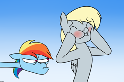 Size: 1556x1042 | Tagged: safe, artist:mofetafrombrooklyn, derpibooru import, derpy hooves, rainbow dash, pegasus, pony, blushing, female, mare, squishy cheeks