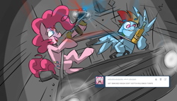 Size: 1500x857 | Tagged: safe, artist:cider, derpibooru import, pinkie pie, rainbow dash, earth pony, pegasus, pony, ask cider dash, car, chase, cider, gun, hotblooded pinkie pie, police, riding, thick eyebrows, weapon