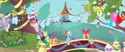 Size: 598x250 | Tagged: safe, screencap, apple bloom, rainbow dash, scootaloo, pegasus, pony, filli vanilli, balloon, bridge, cutie mark crusaders, decoration, river, streamers