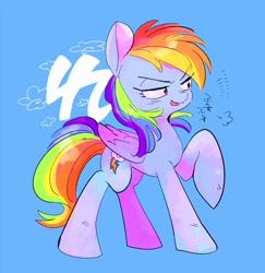 Size: 987x1017 | Tagged: safe, artist:29axa, derpibooru import, rainbow dash, pegasus, pony, backwards cutie mark, raised hoof, simple background, solo