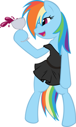 Size: 575x960 | Tagged: safe, artist:bamboodog, edit, rainbow dash, pegasus, pony, alcohol, bipedal, clothes, dionysus, dress, drunk, drunker dash, female, goblet, little black dress, mare, off shoulder, open mouth, simple background, smiling, solo, white background, wine, wingless