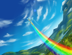 Size: 2048x1556 | Tagged: safe, artist:loveland168, derpibooru import, rainbow dash, pegasus, pony, cloud, flying, grass, mountain, rainbow trail, scenery, sky, solo