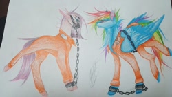 Size: 1024x576 | Tagged: safe, artist:misticelis, derpibooru import, pinkie pie, rainbow dash, earth pony, pegasus, pony, bound wings, chains, clothes, duo, gag, muzzle gag, pinkamena diane pie, prison outfit, prisoner, prisoner rd, shackles