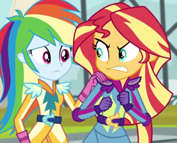 Size: 722x584 | Tagged: safe, derpibooru import, screencap, rainbow dash, sunset shimmer, equestria girls, friendship games, angry, cropped