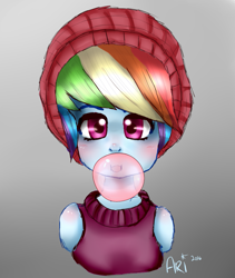 Size: 785x929 | Tagged: safe, artist:ari090, derpibooru import, rainbow dash, equestria girls, alternate hairstyle, beanie, bubblegum, clothes, food, gum, hat, looking at you, sketch, solo