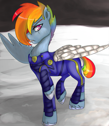 Size: 1200x1384 | Tagged: safe, artist:mylittlegodzilla, derpibooru import, rainbow dash, pegasus, pony, the cutie re-mark, alternate timeline, amputee, apocalypse dash, augmented, crystal war timeline, hair over one eye, looking at you, prosthetic limb, prosthetic wing, prosthetics, raised hoof, scar, solo, torn ear