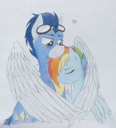 Size: 1750x1920 | Tagged: safe, artist:fernixx, derpibooru import, rainbow dash, soarin', pegasus, pony, alternate hairstyle, clothes, female, heart, hug, male, shipping, soarindash, straight, traditional art, winghug, wonderbolts uniform