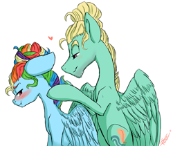 Size: 1024x866 | Tagged: safe, artist:loladotz, derpibooru import, rainbow dash, zephyr breeze, pegasus, pony, alternate hairstyle, blushing, cute, female, hair bun, male, mane styling, nose wrinkle, scrunchy face, shipping, simple background, straight, tsunderainbow, tsundere, zephdash