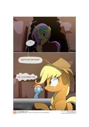 Size: 3541x5016 | Tagged: safe, artist:gashiboka, derpibooru import, applejack, rainbow dash, oc, oc:gold lily, earth pony, pegasus, pony, unicorn, comic:recall the time of no return, butt, comic, female, mare, patreon, patreon logo, plot, speech bubble, transformation, wide eyes