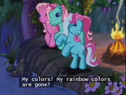 Size: 640x480 | Tagged: safe, derpibooru import, minty, pinkie pie, rainbow dash, rainbow dash (g3), earth pony, pony, g3, the runaway rainbow, colors, faded, pink dash, rearing, river, subtitles