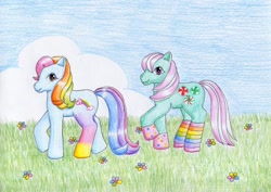 Size: 1024x725 | Tagged: safe, artist:normaleeinsane, minty, rainbow dash, rainbow dash (g3), g3, clothes, rainbow socks, socks, striped socks, traditional art