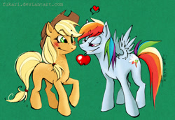 Size: 900x620 | Tagged: safe, artist:fukari, derpibooru import, applejack, rainbow dash, earth pony, pegasus, pony, apple, appledash, bedroom eyes, female, food, heart, lesbian, mouth hold, shipping