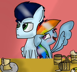 Size: 1024x960 | Tagged: safe, artist:rai2n, derpibooru import, rainbow dash, soarin', pegasus, pony, cider, drunk, drunker dash, female, flirt, food, male, pie, shipping, soarindash, straight, watermark