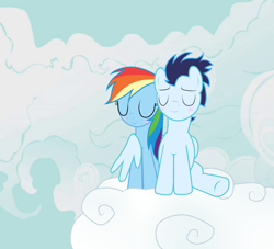 Size: 1024x931 | Tagged: safe, artist:rulette, rainbow dash, soarin', pegasus, pony, blushing, cloud, cloudy, cute, dashabetes, eyes closed, female, hug, male, shipping, sitting, smiling, soarinbetes, soarindash, straight, winghug