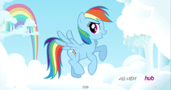 Size: 1152x608 | Tagged: safe, screencap, rainbow dash, pegasus, pony, all new, hub logo, intro, meme, narcissism, solo, text, youtube caption