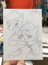 Size: 1536x2048 | Tagged: safe, artist:andypriceart, derpibooru import, applejack, rainbow dash, earth pony, pegasus, pony, crossover, james t kirk, leonard mccoy, rainbow kirk, star trek, traditional art