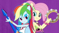 Size: 1280x720 | Tagged: safe, derpibooru import, screencap, fluttershy, rainbow dash, equestria girls, rainbow rocks, shake your tail, guitar, musical instrument, tambourine