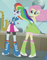 Size: 418x538 | Tagged: safe, derpibooru import, screencap, fluttershy, rainbow dash, a case for the bass, equestria girls, rainbow rocks, boots, clothes, compression shorts, cropped, shorts, skirt, socks, tanktop, wind