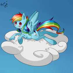 Size: 2000x2000 | Tagged: safe, artist:tomat-in-cup, derpibooru import, rainbow dash, pegasus, pony, backwards cutie mark, cloud, female, mare, on a cloud, prone, signature, solo