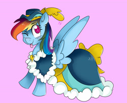 Size: 5129x4169 | Tagged: safe, artist:bloodyhellhayden, rainbow dash, pegasus, pony, absurd resolution, clothes, coronation dress, dress, hat, solo, tongue out