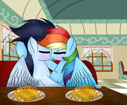 Size: 1024x843 | Tagged: dead source, safe, artist:northlights8, derpibooru import, rainbow dash, soarin', pegasus, pony, blushing, female, food, horseshoe fries, kissing, male, restaurant, shipping, soarindash, straight