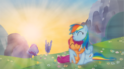 Size: 1920x1080 | Tagged: safe, artist:aelioszero, artist:exe2001, rainbow dash, scootaloo, pegasus, pony, crepuscular rays, cute, cutealoo, dashabetes, dust motes, eyes closed, female, field, filly, flower, hug, lens flare, mare, mountain, scenery, scootalove, sitting, smiling, sunrise, tree, vector, wallpaper, winghug