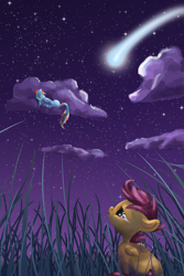 Size: 2000x3000 | Tagged: safe, artist:sessalisk, derpibooru import, rainbow dash, scootaloo, pegasus, pony, bittersweet, cloud, sad, scootaloo can't fly, shooting star