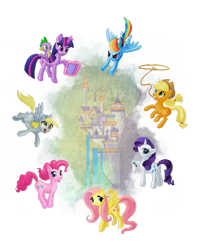 Size: 1280x1621 | Tagged: safe, artist:marirosa, derpibooru import, angel bunny, applejack, derpy hooves, fluttershy, pinkie pie, rainbow dash, rarity, spike, twilight sparkle, dragon, earth pony, pegasus, pony, unicorn, book, bracelet, canterlot, female, magic, mane seven, mare