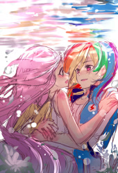 Size: 1000x1468 | Tagged: safe, artist:odaefnyo, derpibooru import, fluttershy, rainbow dash, human, clothes, female, flutterdash, humanized, lesbian, long hair, looking at each other, shipping, tanktop, underwater, wip