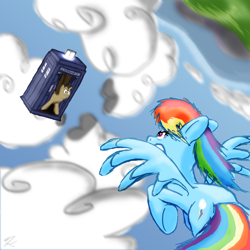 Size: 1600x1600 | Tagged: safe, artist:piggybank12, doctor whooves, rainbow dash, pegasus, pony, doctor who, tardis