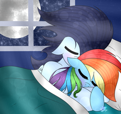 Size: 1024x964 | Tagged: safe, artist:northlights8, derpibooru import, rainbow dash, soarin', pegasus, pony, bed, cuddling, female, male, shipping, sleeping, snuggling, soarindash, spooning, straight