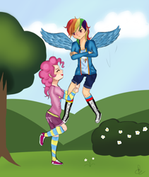 Size: 1600x1900 | Tagged: safe, artist:sailor-sheep, derpibooru import, pinkie pie, rainbow dash, human, annoyed, clothes, female, humanized, lesbian, pinkiedash, shipping, shirt, shorts, socks, striped socks, winged humanization