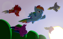 Size: 1920x1200 | Tagged: safe, artist:redenchilada, derpy hooves, firefly, rainbow dash, surprise, oc, pegasus, pony, female, flying, lens flare, mare, sky, spread wings, sun, underhoof, wings