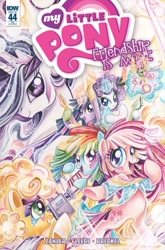 Size: 527x800 | Tagged: safe, derpibooru import, applejack, fluttershy, pinkie pie, princess celestia, rainbow dash, rarity, twilight sparkle, twilight sparkle (alicorn), alicorn, earth pony, pegasus, pony, unicorn, spoiler:comic, spoiler:comic44, comic con, cover, exclusive, jem and the holograms, san diego comic con, sdcc 2016