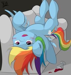 Size: 2077x2201 | Tagged: safe, artist:graphene, rainbow dash, pegasus, pony, blushing, drunk, drunker dash, on back, sofa, solo, upside down