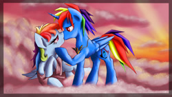 Size: 1600x900 | Tagged: safe, artist:rulsis, derpibooru import, rainbow dash, oc, oc:rainbowblazie, alicorn, pegasus, pony, alicorn oc, canon x oc, clothes, cloud, female, kissing, male, muscles, on side, sad, shipping, sky, straight, sunset