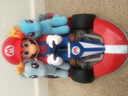 Size: 3264x2448 | Tagged: safe, rainbow dash, beanie babies, crossover, irl, mario, mario kart, mario kart double dash, nintendo, photo, plushie, pun, sideways image, super mario bros., toy, visual pun